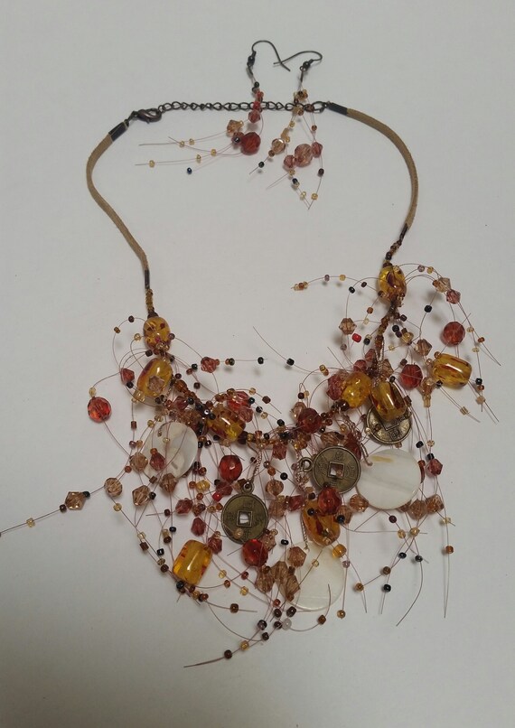 Necklace/earring set, Beads suede and brass, glas… - image 5