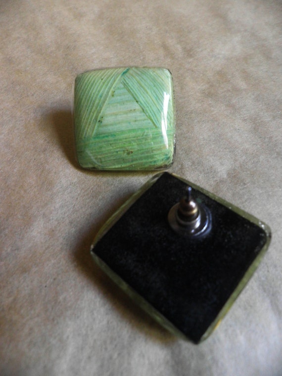 1980's Earrings, large square RESIN covered Leave… - image 2
