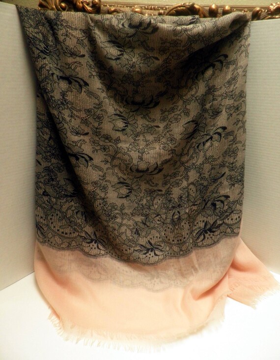 large SCARF/ WRAP, pale Pink with Black Lace Print - image 1