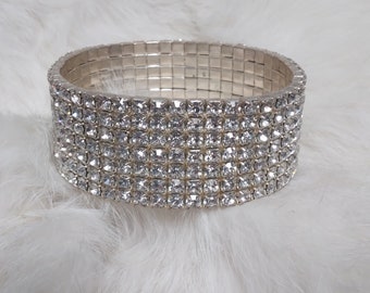 Clear Rhinestone Pave Stretch Cuff Bracelet, one inch wide, 7 rhinestones deep