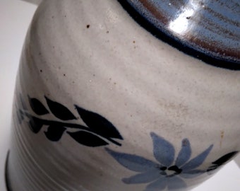 large Wheel-thrown Pottery Lamp, White, blues & green hand-painted flower design, Country/Farmhouse decor