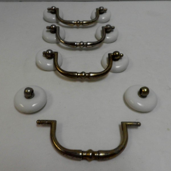 antique White glazed Porcelain and Brass Drop Handle Drawer PULLS, LOT of 4