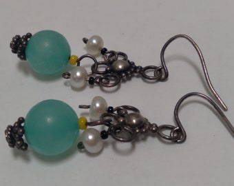 vintage Earrings, Real Pearls, Sterling Silver, Robin's egg blue Terra Jasper bead
