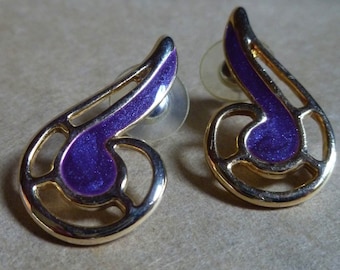 1980's Earrings, Purple enamel and gold, posts