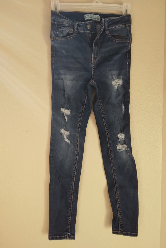 dark Blue Stretch denim distressed Jeans, WAX Butt