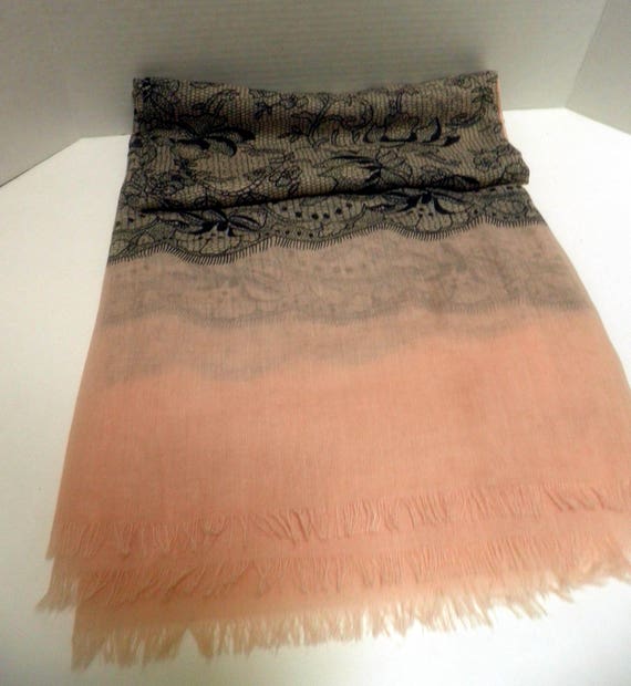 large SCARF/ WRAP, pale Pink with Black Lace Print - image 3