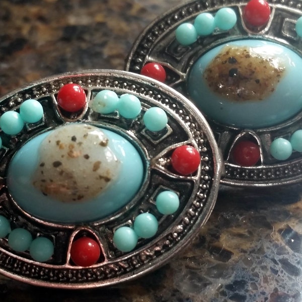 vintage 1990's Faux Turquoise and red coral silver earrings, clip-on earrings