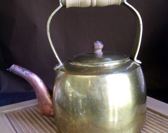 rustic TEA KETTLE, solid Brass with Copper Spout, wooden Handle