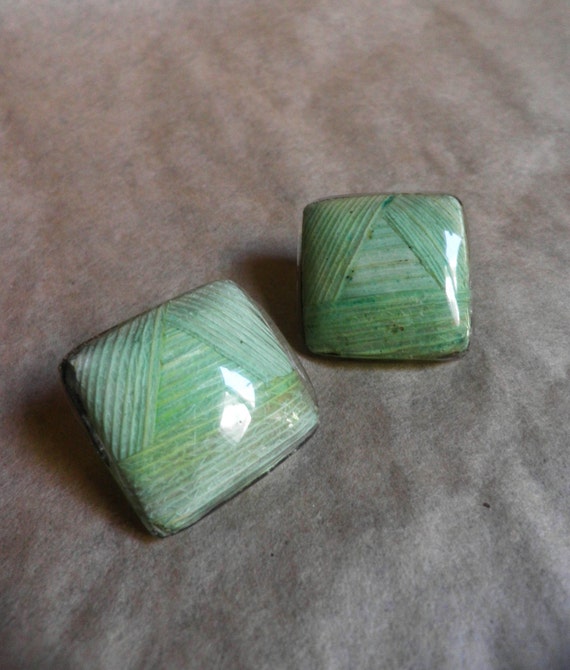 1980's Earrings, large square RESIN covered Leave… - image 1