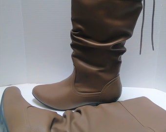 Women's 9W Tan Faux Leather Slouch just below the knee Boots, Flat 1 inch heel