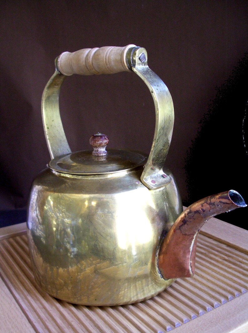 Rustic TEA KETTLE solid Brass with Copper Spout wooden Etsy