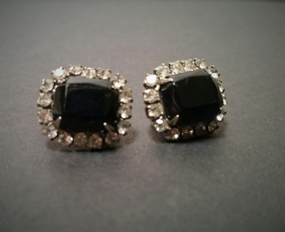 vintage clip-on earrings Obsidian and rhinestones… - image 6