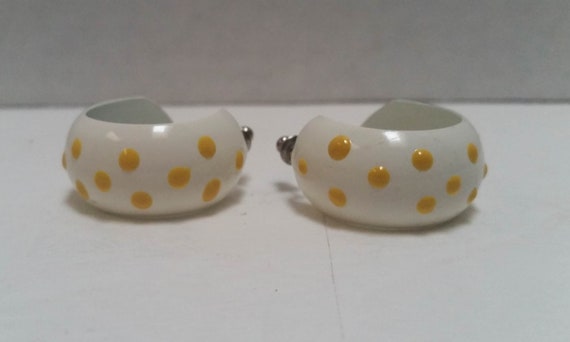 vintage 1980's earrings, white with yellow polka … - image 1