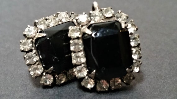 vintage clip-on earrings Obsidian and rhinestones… - image 3