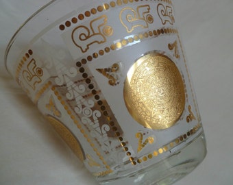 Mid Century Ice Bucket/bowl, Glass with 22K Gold Gilt Aztec/Mayan Calendar Mandala , Bar Accessories