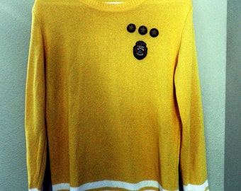 Silk Sweater, Nautical theme patches, yellow and White