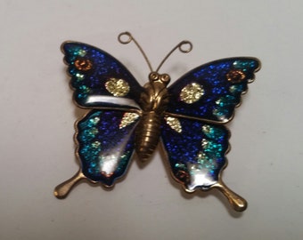 butterfly brooch/Pin, blue green and gold