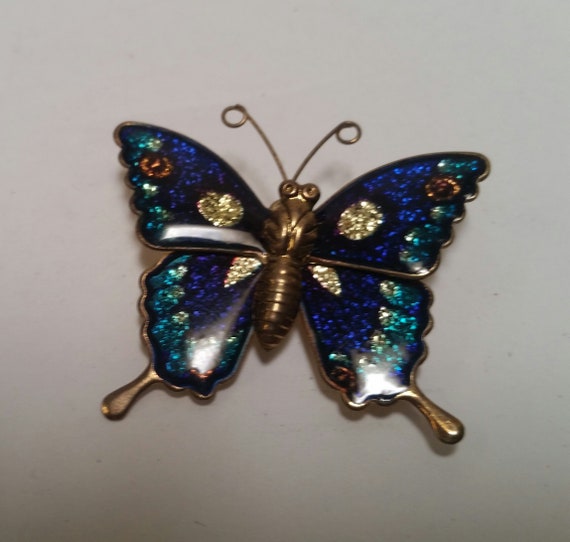 butterfly brooch/Pin, blue green and gold