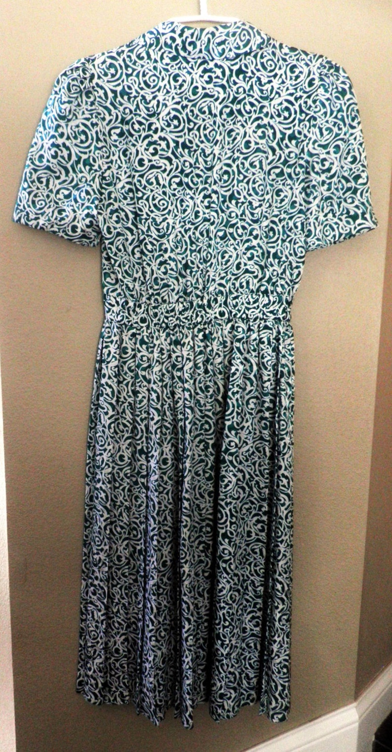 Vintage Dress Silky Green and White Print Fabric Size 10 Etsy