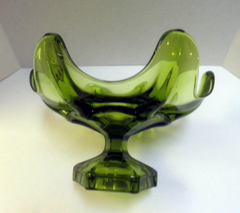 Mid Century GREEN GLASS centerpiece pedestal bowl Etsy