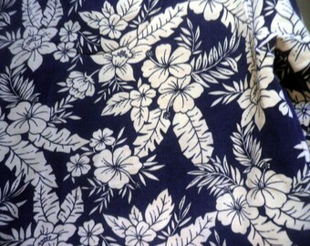 Hawaiian print Sweatshirt / V-neck jersey, navy blue & Tan, small woman