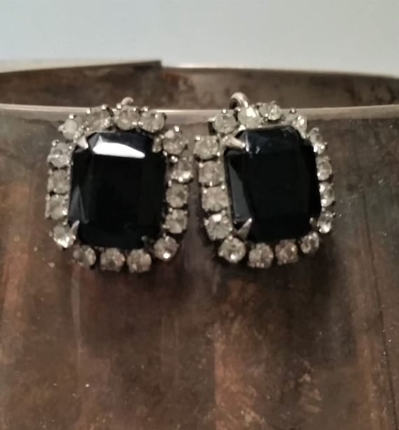 vintage clip-on earrings Obsidian and rhinestones… - image 1