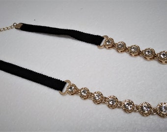 Choker Necklace, Gold and Rhinestones with black Grosgrain Ribbon