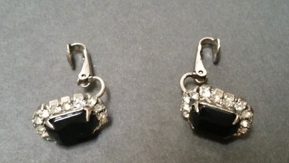 vintage clip-on earrings Obsidian and rhinestones… - image 2