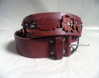 Hollister Studded Leather Belt Tooled Birds Studded Solid  display picture 3
