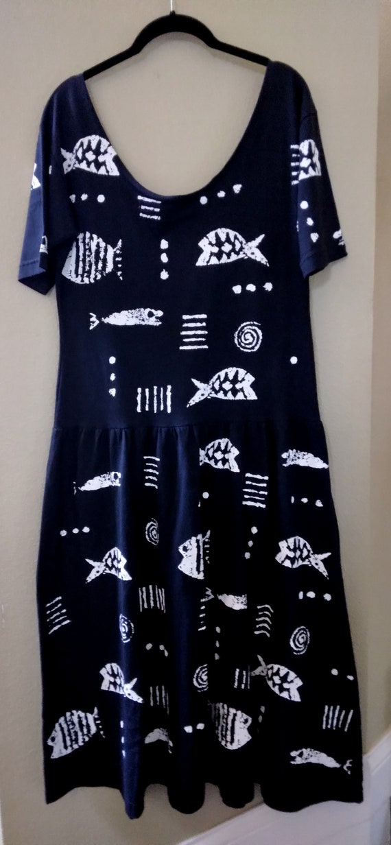 Cotton Dress, Black & White With Stylized Fish Motif, Woman's Size Medium 