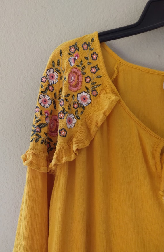 Embroidered Peasant Top Mustard colored Rayon Gauz
