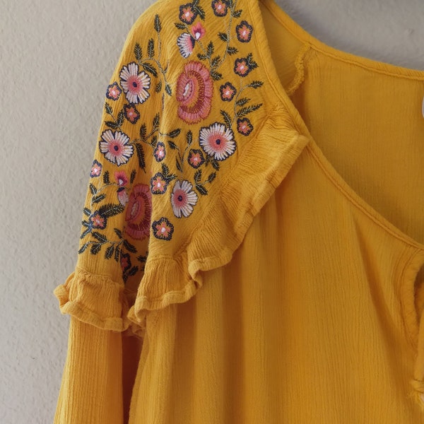 Embroidered Peasant Top Mustard colored Rayon Gauze with ruffles, Woman's size XXL, Made in India