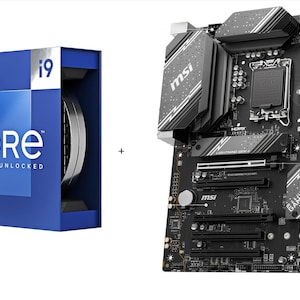 Könnte beinhalten: Eine blaue Intel Core i9-Prozessorbox neben einem schwarzen MSI Gaming Plus-Motherboard. Die Prozessorbox hat das Intel Core-Logo und das Wort "UNLOCKED". Das Motherboard hat mehrere Steckplätze und Anschlüsse.