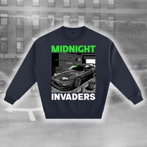 Toyota Supra Jumper – Midnight Invaders Streetwear, JDM Turbo Legend Crewneck, 90s Drift Car Sweater, Street Racer Gift