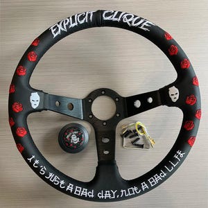 JDM Suede Steering Wheel – 350mm Rose Embroidery Drift Wheel, Deep Dish Racing Wheel, Japanese Style, Universal Fit