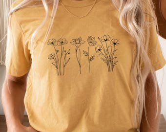 Boho Wildflower Line Art T-Shirt: Minimalist Botanical Tee