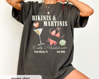Camiseta de despedida de soltera con bikinis y martinis, camisetas de despedida de soltera con ubicación personalizada, club de despedida de soltera Final Fiesta, club de cócteles de despedida de soltera en la playa