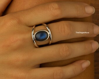 Labradorite Ring, 925 Sterling Silver Plated Ring, Blue Flash Double Band Boho Jewelry