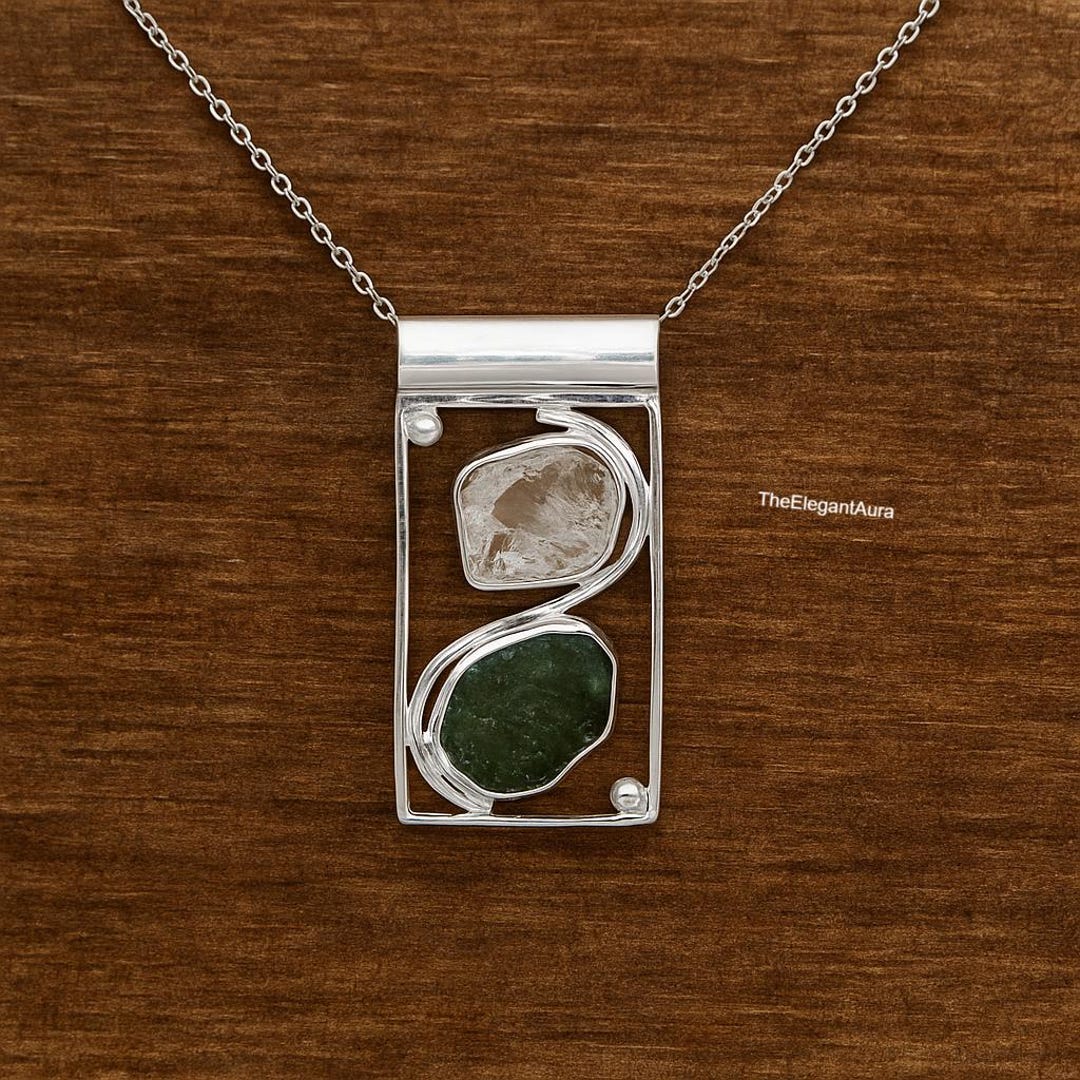 モルダバイト&ハーキマ水晶　ペンダント モルダバイト＆ハーキマーダイヤモンドペンダント、925スターリング