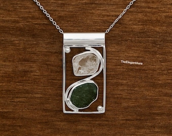 Moldavite & Herkimer Diamond Pendant, 925 Sterling Silver Plated, Raw Crystal Necklace ,Handmade Healing Jewelry