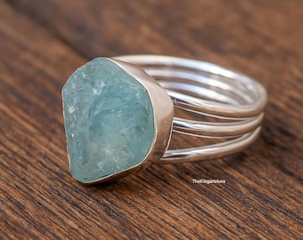 Raw Aquamarine Ring,925 Sterling Silver Plated Ring,  March Birthstone Jewelry