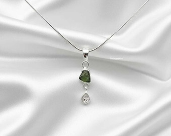 Raw Moldavite & Herkimer Diamond Pendant, 925 Sterling Silver Plated Healing Necklace
