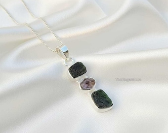 Rå Moldavit Herkimer Diamanthänge, 925 Sterling Silver Pläterat Kristallhalsband