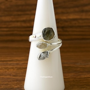 Raw Moldavite Herkimer Diamond metroid Ring: 925 Sterling Silver Adjustable Spiritual Jewelry