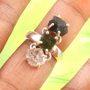 Raw Moldavite Herkimer Diamond Shungite Ring | 925 Sterling Silver Crystal Ring | Spiritual Healing Jewelry