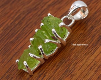 Raw Peridot Pendant, 925 Sterling Silver Plated Pendant: August Birthstone Necklace