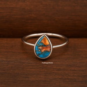 Copper Turquoise Ring: 925 Sterling Silver Ring, Teardrop Handmade Boho Jewelry