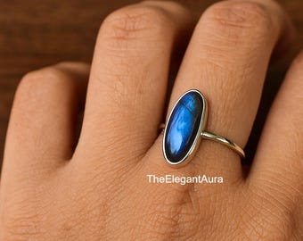 Labradorite Ring: 925 Sterling Silver Plated Ring, Oval Cabochon, Minimalist Statement Jewelry