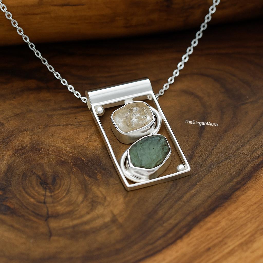 モルダバイト＆ハーキマーダイヤモンドペンダント、925スターリング