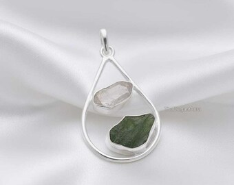 Moldavite & Herkimer Diamond Pendant, 925 Sterling Silver Plated Pendant, Raw Gemstone Teardrop Jewelry